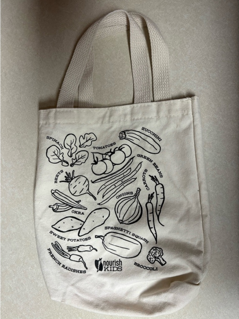 Kids’ Cream Canvas Tote Bag with Vegetable Print